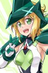  1girl akatsuki_kirika blonde_hair blush breasts breasts_apart chikugen_shiina elbow_gloves eyebrows_visible_through_hair gloves green_eyes headgear leotard looking_at_viewer medium_breasts open_mouth senki_zesshou_symphogear shiny shiny_clothes shiny_hair shiny_skin short_hair skin_tight smile solo teeth tongue upper_body white_gloves 