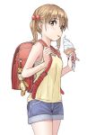  1girl backpack bag bag_charm bangs blush brown_eyes brown_hair camisole closed_mouth cowboy_shot denim denim_shorts eating eyebrows_visible_through_hair food hair_bobbles hair_ornament holding holding_food ice_cream looking_at_viewer original randoseru short_shorts shorts simple_background solo thighs tongue tongue_out twintails white_background yoropa 