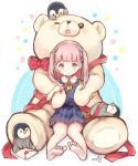  1girl bear bird blue_eyes blush bow eyebrows_visible_through_hair highres looking_at_viewer medium_hair original penguin pink_hair red_bow red_ribbon ribbon sencha_(senta_10) stuffed_animal stuffed_toy teddy_bear twintails 