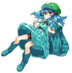  1girl aqua_eyes backpack bag bike_shorts blue_eyes blush boots frown full_body hair_bobbles hair_ornament hat kawashiro_nitori key looking_at_viewer manarou rubber_boots solo touhou two_side_up white_background 