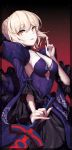  1girl blonde_hair breasts cleavage dark_excalibur emil_(dnjsrl63) eyebrows_visible_through_hair fate/grand_order fate/stay_night fate_(series) hair_twirling highres holding holding_sword holding_weapon index_finger_raised large_breasts looking_at_viewer open_mouth saber saber_alter short_hair smile solo sword teeth weapon yellow_eyes 