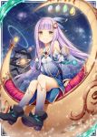  1girl akkijin bare_shoulders blue_dress blush boots card choker dress eyebrows eyebrows_visible_through_hair gem jewelry kneehighs looking_at_viewer moon_(ornament) night night_sky outdoors pagoda planet purple_hair shinkai_no_valkyrie sitting sky smile solo thighs yellow_eyes 