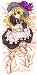  1girl apron black_dress blonde_hair bloomers blush bobby_socks commentary_request dress frown hand_on_forehead hand_on_own_stomach hat hat_ribbon kirisame_marisa looking_at_viewer lying manarou on_back on_bed ribbon socks solo the_embodiment_of_scarlet_devil touhou underwear wavy_hair witch_hat wrist_cuffs yellow_eyes 