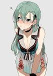  1girl blush breasts choker cleavage collarbone commentary cosplay gloves green_hair grey_background hair_between_eyes hair_ornament hairclip hita_(hitapita) kantai_collection large_breasts leaning_forward long_hair maya_(kantai_collection) maya_(kantai_collection)_(cosplay) nose_blush pleated_skirt remodel_(kantai_collection) sailor_collar side_slit simple_background skirt solo suzuya_(kantai_collection) violet_eyes wavy_mouth 