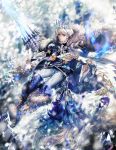  1boy blue_eyes blue_hair boots cape cross-laced_footwear crown earrings full_body fur_trim highres jewelry kunai looking_at_viewer male_focus multicolored_hair pale_skin scarf shingoku_no_valhalla_gate shutsuri smile snowflake_print solo sword weapon white_cape white_hair white_scarf wide_sleeves 