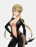  1girl blonde_hair breasts center_opening cleavage fishnets hand_on_hip highres kasuga_(sengoku_basara) kunai large_breasts lips navel ninja sendrawz sengoku_basara simple_background solo weapon yellow_eyes 