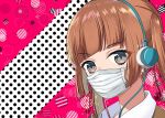  1girl arisugawa_nino artist_request brown_hair commentary_request eyebrows_visible_through_hair face_mask fukumenkei_noise grey_eyes long_twintails mask polka_dot polka_dot_background school_uniform solo surgical_mask 