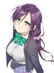  1girl bow bowtie breasts commentary_request green_bow green_bowtie green_eyes hair_between_eyes hair_ornament hair_scrunchie jacket large_breasts long_hair looking_at_viewer love_live! love_live!_school_idol_project low_twintails pink_scrunchie pleated_skirt purple_hair school_uniform scrunchie shirt simple_background sizuka_(takuma0) skirt solo toujou_nozomi twintails white_background white_shirt 