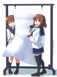  2girls black_legwear blue_sailor_collar blue_skirt brown_hair folded_ponytail full_body hair_ornament hairclip ikazuchi_(kantai_collection) inazuma_(kantai_collection) kantai_collection long_hair looking_at_viewer mallet multiple_girls neckerchief oda_masaki_(b-minor) pleated_skirt red_neckerchief school_uniform serafuku short_hair skirt socks standing steel thigh-highs 