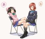  2girls anger_vein angry annoyed arms_up beamed_quavers black_hair black_legwear blazer blush bow bowtie cardigan chair commentary_request couple feet feet_up folding_chair full_body hair_bow hair_ornament jacket legs_on_another&#039;s_lap legs_up loafers long_sleeves love_live! love_live!_school_idol_project multiple_girls musical_note nishikino_maki no_shoes open_mouth redhead school_uniform sen&#039;yuu_yuuji shoes short_hair sitting skirt smile socks speech_bubble spoken_anger_vein spoken_musical_note twintails violet_eyes yazawa_nico yuri 