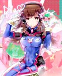  1girl :3 :d animal_print bangs blue_bodysuit bodysuit breasts brown_eyes brown_hair bunny_print character_name cuffs d.va_(overwatch) english facepaint facial_mark gloves glowing hand_on_headphones headphones heart heco_(mama) high_collar highres holding large_breasts long_hair looking_at_viewer mecha medium_breasts meka_(overwatch) model open_mouth overwatch pilot_suit polka_dot red_background ribbed_bodysuit shiny shiny_clothes shoulder_pads signature skin_tight smile solo striped swept_bangs teeth tongue upper_body whisker_markings white_gloves yellow_eyes 