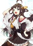  1girl ahoge bare_shoulders blue_eyes brown_hair commentary_request detached_sleeves fang hairband headgear highres japanese_clothes kantai_collection kongou_(kantai_collection) long_hair looking_at_viewer naitou_ryuu nontraditional_miko open_mouth solo thigh-highs twitter_username 