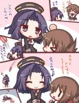  &gt;_&lt; 3girls blush brown_hair chibi closed_eyes comic folded_ponytail food giving_up_the_ghost head_bump ice_cream inazuma_(kantai_collection) kantai_collection lilywhite_lilyblack multiple_girls musical_note open_mouth purple_hair school_uniform short_hair smile tatsuta_(kantai_collection) tenryuu_(kantai_collection) translation_request violet_eyes 