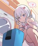 1girl adrenaline!!! amejaga bag bangs blue_eyes blush bow closed_mouth eromanga_sensei from_below hair_bow hands_on_own_cheeks hands_on_own_face highres indoors izumi_sagiri knees_together_feet_apart long_hair looking_down naked_shirt nervous off_shoulder pink_bow shelf shirt silver_hair solo squatting t-shirt thought_bubble washing_machine wavy_mouth 