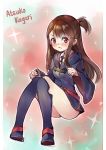  1girl belt blush boots brown_hair character_name dianche_miao_(18826) dress full_body highres kagari_atsuko little_witch_academia long_hair looking_at_viewer red_eyes short_dress solo 