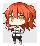  1girl ahoge breasts busoushinkimms chibi command_spell fate/grand_order fate_(series) fujimaru_ritsuka_(female) hair_ornament hair_scrunchie hand_on_hip looking_at_viewer orange_hair scrunchie short_hair side_ponytail smile solo standing yellow_eyes 