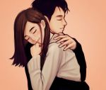  1girl artist_self-insert black_hair black_shirt brown_hair closed_eyes closed_mouth commentary couple hetero hug jungon_kim long_hair long_sleeves original pink_background shirt simple_background smile solo sweater upper_body white_sweater 