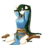  1girl arms_up boots breasts delsaber dress fire_emblem fire_emblem:_rekka_no_ken green_eyes green_hair hair_between_eyes hair_down hand_in_hair long_hair looking_at_viewer lyndis_(fire_emblem) pelvic_curtain short_sleeves side_slit simple_background sitting smile solo turtleneck very_long_hair wariza white_background 