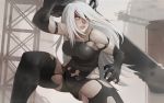  1girl android bare_shoulders blue_eyes breasts elbow_gloves fighting_stance gloves large_breasts long_hair nier_(series) nier_automata over_shoulder parted_lips robot_joints silver_hair solo sword thighs weapon weapon_over_shoulder whistle_frog yorha_type_a_no._2 