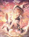  1girl black_hat blonde_hair blush bow braid broom broom_riding eyebrows_visible_through_hair hat kirisame_marisa long_hair looking_at_viewer open_mouth ozzingo smile solo touhou white_bow witch_hat 