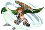  1girl ariane_rod armor armored_boots bikini blue_eyes boots bright_pupils brown_hair cape full_body fullbokko_heroes furrowed_eyebrows go_robots hairband holding holding_sword holding_weapon looking_at_viewer navel official_art shield short_hair solo squatting swimsuit sword weapon 