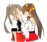  2girls atsushi_(aaa-bbb) bare_shoulders blush brown_hair commentary detached_sleeves from_side hairband hands_on_another&#039;s_face haruna_(kantai_collection) headgear japanese_clothes kantai_collection long_hair multiple_girls nontraditional_miko simple_background sweat twintails white_background yuri zuikaku_(kantai_collection) 