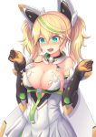  1girl absurdres aqua_eyes bare_shoulders blonde_hair blush breasts cleavage dress eyebrows_visible_through_hair gene_(pso2) gloves green_hair hair_between_eyes head_tilt headgear highres large_breasts long_hair multicolored_hair nose_blush open_mouth phantasy_star phantasy_star_online_2 simple_background solo streaked_hair twintails two-tone_hair wardrobe_malfunction white_background white_dress yuki7128 