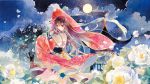  1girl braid brown_hair calligraphy_brush_(medium) dress flower jewelry long_hair long_sleeves looking_at_viewer moon night night_sky outdoors petals red_eyes rei_(456789io) scenery sky solo traditional_media tree vocaloid watercolor_(medium) wide_sleeves yuezheng_ling 