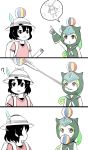  /\/\/\ 3koma ? black_eyes black_hair bucket_hat chibi clouds comic fingerless_gloves frilled_sleeves frills gloves green_eyes green_gloves hat hat_feather head_wings hood japanese_crested_ibis_(kemono_friends) jitome kaban_(kemono_friends) kemono_friends long_hair long_sleeves long_tongue looking_at_another looking_away looking_up monochrome open_mouth panther_chameleon_(kemono_friends) paper_balloon partially_colored pleated_skirt pointing pointing_up ponytail profile red_shirt sailor_collar scroll shirt skirt spoken_character spot_color sweatdrop tongue tongue_grab tongue_out y.ssanoha 