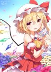  2girls blonde_hair blush clown_222 crystal fang flandre_scarlet flower hand_holding hand_on_another&#039;s_face hat long_hair multiple_girls open_mouth outdoors red_eyes remilia_scarlet shirt siblings side_ponytail sisters skirt sleeveless sleeveless_shirt smile solo_focus touhou wind wind_lift wings 