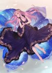  1girl bare_shoulders barefoot breasts dress flower head_wreath long_hair lying ojyou on_back original pink_hair purple_dress small_breasts solo yellow_eyes 