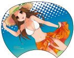  1girl :d arm_up armpits artist_name bare_arms bare_shoulders bikini blush bracelet breasts brown_eyes brown_hair brown_hat cleavage collarbone cowboy_shot daisy dutch_angle floral_print flower green_ribbon hand_on_headwear hat hat_flower hat_ribbon heart jewelry jintsuu_(kantai_collection) kantai_collection legs_apart long_hair navel open_mouth pearl_bracelet plum_(arch) ribbon round_teeth sarong sarong_lift sidelocks smile solo standing stomach straw_hat swimsuit tareme teeth white_bikini 
