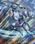  1boy armor armored_boots axe bodysuit boots building cardfight!!_vanguard clouds company_name gloves green_eyes helmet ikeda_(cpt) male_focus official_art sky solo swordsman_of_light_blaster_axe_grawl teeth weapon 