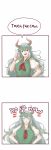  1girl 2koma :d ^_^ blush breasts closed_eyes comic curvy english ex-keine green_hair hands_on_hips highres horns index_finger_raised kamishirasawa_keine large_breasts lipstick long_hair makeup open_mouth red_eyes smile solo touhou very_long_hair wavy_hair yoruny 