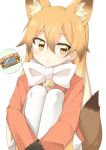  1girl animal_ears blazer blonde_hair blush bow brown_hair closed_mouth eyebrows_visible_through_hair ezo_red_fox_(kemono_friends) fox_ears fox_tail hair_between_eyes handheld_game_console head_tilt jacket kemono_friends leg_hug looking_at_viewer multicolored_hair necktie orange_eyes own_hands_together playstation_portable pleated_skirt rateratte sitting skirt smile solo spoken_game_console tail two-tone_hair white_background white_bow white_legwear white_skirt yellow_necktie 
