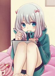  &gt;:( 1girl bangs barefoot blue_eyes blush bow chirikuzuriku closed_mouth eromanga_sensei eyebrows_visible_through_hair grey_hair hair_bow izumi_sagiri long_hair long_sleeves looking_at_viewer low-tied_long_hair on_bed pajamas pink_bow sidelocks sitting solo stylus tablet 