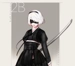  1girl arms_at_sides artist_name black_dress black_ribbon blindfold breasts character_name closed_mouth commentary copyright_name covered_eyes dress hair_over_one_eye hanbok holding holding_sword holding_weapon katana korean_clothes lips long_sleeves mole mole_under_mouth nier_(series) nier_automata pink_lips print_dress reagan ribbon sash short_hair solo standing sword upper_body weapon white_hair yorha_no._2_type_b 