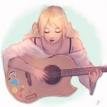  1girl beamed_quavers blonde_hair closed_eyes earrings freckles guitar heart highres holding_instrument ice_cream_cone instrument jewelry long_hair music musical_note open_mouth original playing_instrument signature simple_background smiley_face solo sticker trung_doan white_background 