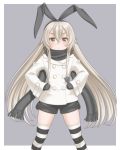  1girl black_scarf blonde_hair brown_eyes hair_ribbon hairband hands_on_hips highres jacket kantai_collection long_hair mittens outside_border ribbon scarf shimakaze_(kantai_collection) short_shorts shorts smile solo t2r thigh-highs white_border 