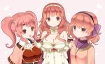  3girls bare_shoulders breastplate breasts brown_eyes celica_(fire_emblem) circlet cleavage fire_emblem fire_emblem_echoes:_mou_hitori_no_eiyuuou grey_background hairband heart jenny_(fire_emblem) jewelry large_breasts long_hair mae_(fire_emblem) multiple_girls necklace open_mouth pink_hair red_eyes redhead shira_yu_ki twintails 