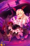  1girl ;d bat bat_wings black_legwear black_skirt blonde_hair blush claw_pose fangs flower frilled_skirt frills granblue_fantasy head_wings highres long_hair long_sleeves looking_at_viewer one_eye_closed open_mouth pointy_ears red_eyes red_rose ricegnat rose shirt skirt smile solo thigh-highs vampire vampy white_shirt wings 