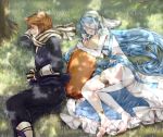  1boy 1girl animal_ears anklet aqua_(fire_emblem_if) aqua_hair barefoot bridal_gauntlets brown_hair closed_eyes dappled_sunlight dress fingerless_gloves fire_emblem fire_emblem_if fox_ears fox_tail gloves grass hair_between_eyes haru_(nakajou-28) jewelry kitsune long_hair lying nishiki_(fire_emblem_if) on_side open_mouth pants pantyhose robe sash scarf shade short_hair smile soles sunlight tail tail_hug tree veil very_long_hair white_dress white_gloves white_legwear 