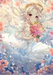  1girl blush bouquet bow bubble eyebrows_visible_through_hair floating_hair flower highres holding holding_bouquet holding_flower long_hair looking_at_viewer original red_eyes signature snow_is snow_is_ solo white_bow white_hair 