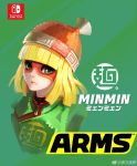  1girl arms_(game) bangs beanie blonde_hair chinese_clothes green_eyes hat looking_at_viewer mask min_min_(arms) short_hair solo 