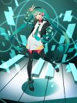  1girl absurdres adapted_costume bangs black_legwear buttons collared_shirt drill_hair eyebrows_visible_through_hair full_body green_eyes green_hair green_jacket green_nails hand_in_pocket hatsune_miku headphones highres jacket leg_up legs_apart letterman_jacket lips long_hair long_sleeves looking_at_viewer nail_polish one_leg_raised open_clothes open_jacket open_mouth pantyhose red_nails shirt shoelaces smile solo standing standing_on_one_leg sumino_akasuke teeth twin_drills twintails upper_teeth v very_long_hair vocaloid w white_shirt wing_collar 