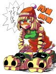  1girl angry arms_(game) bangs beanie blonde_hair blush chinese_clothes dragon facepaint food green_eyes hat highres kiwa_(pokemonwars) mask min_min_(arms) noodles open_mouth short_hair solo translation_request 