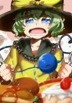  1girl artist_request commentary_request dessert food fork hamburger heart heart-shaped_pupils highres holding holding_spoon komeiji_koishi long_sleeves pancake solo spoon symbol-shaped_pupils third_eye touhou 