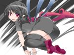  1girl ass asymmetrical_wings black_dress black_hair black_legwear commentary_request dress hammer_(sunset_beach) houjuu_nue long_hair looking_at_viewer miniskirt open_mouth pointy_ears red_eyes skirt smile solo thigh-highs touhou wings wristband zettai_ryouiki 