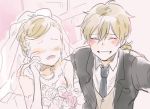  1boy 1girl blonde_hair bouquet bridal_veil bride brother_and_sister dress elbow_gloves ensemble_stars! faceless faceless_female flower formal gloves hakaze_kaoru hakaze_kaoru&#039;s_sister jolaeng-i long_hair short_hair siblings smile suit tuxedo veil wedding_dress 