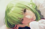  1girl artist_name c.c. code_geass commentary_request creayus dress_shirt face green_hair head_on_hand lips long_hair looking_at_viewer portrait realistic shirt solo white_shirt yellow_eyes 